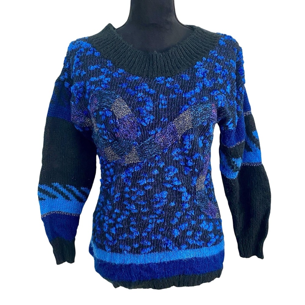 Vintage Women's Carducci Blue Black Patterned 80s Retro Sweater Size M